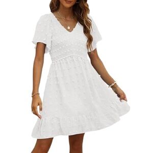 TECREW Smocked Short Sleeve V Neck Mini Dress Summer Swiss Dot Flowy Short